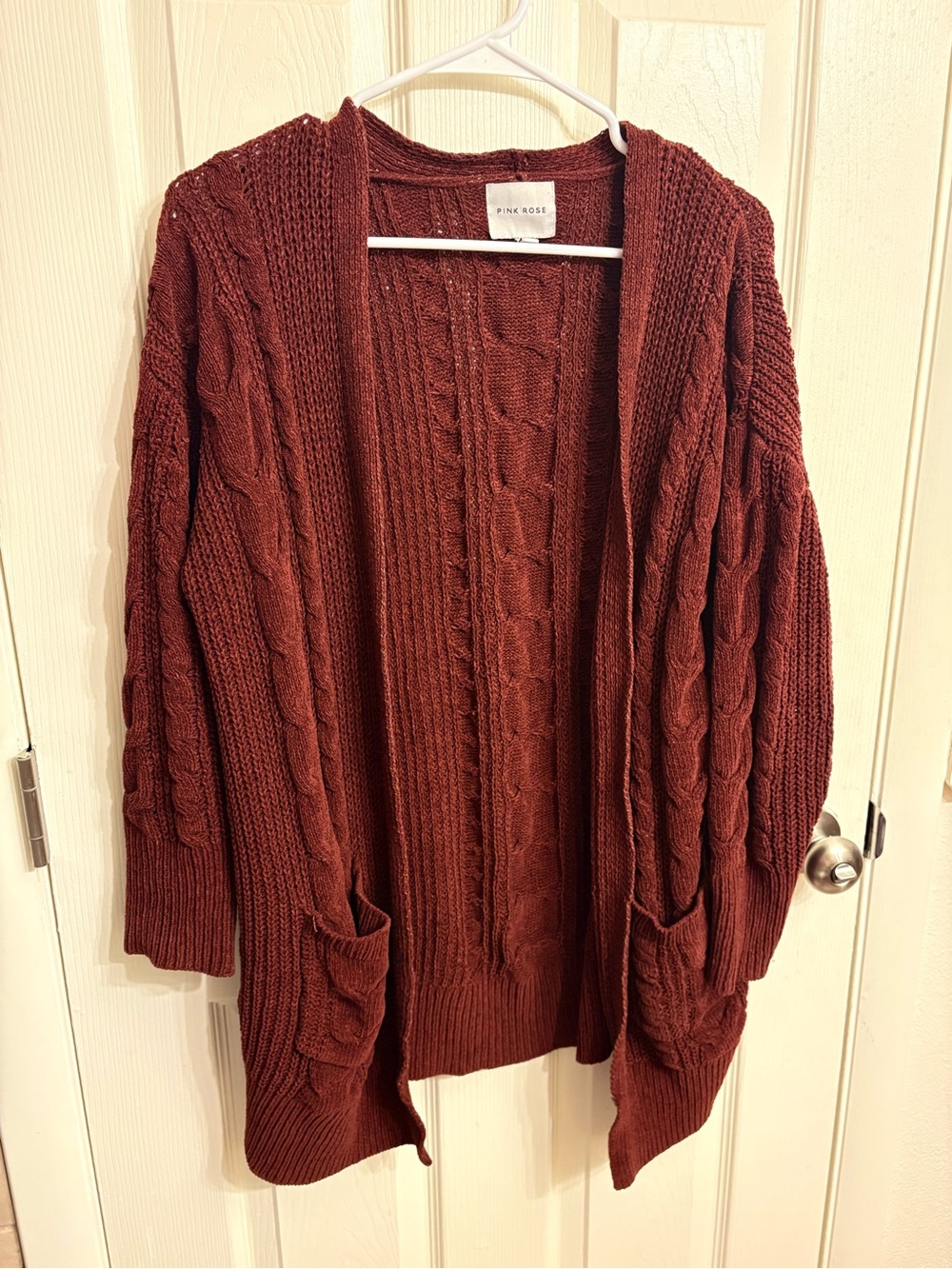 Pink Rose Open Cable Knit Cardigan - Burgundy